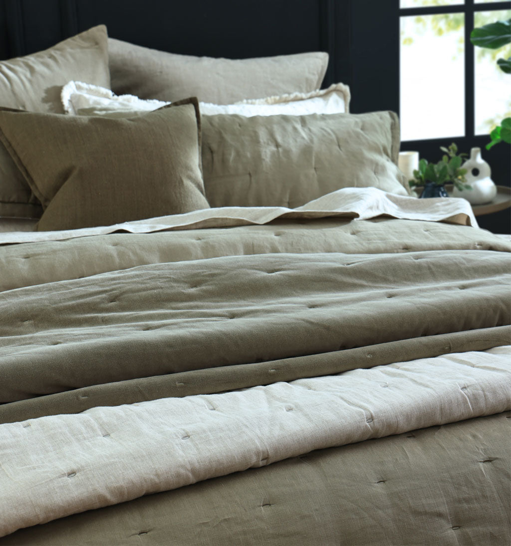 Laundered Linen Bedspread Set Olive