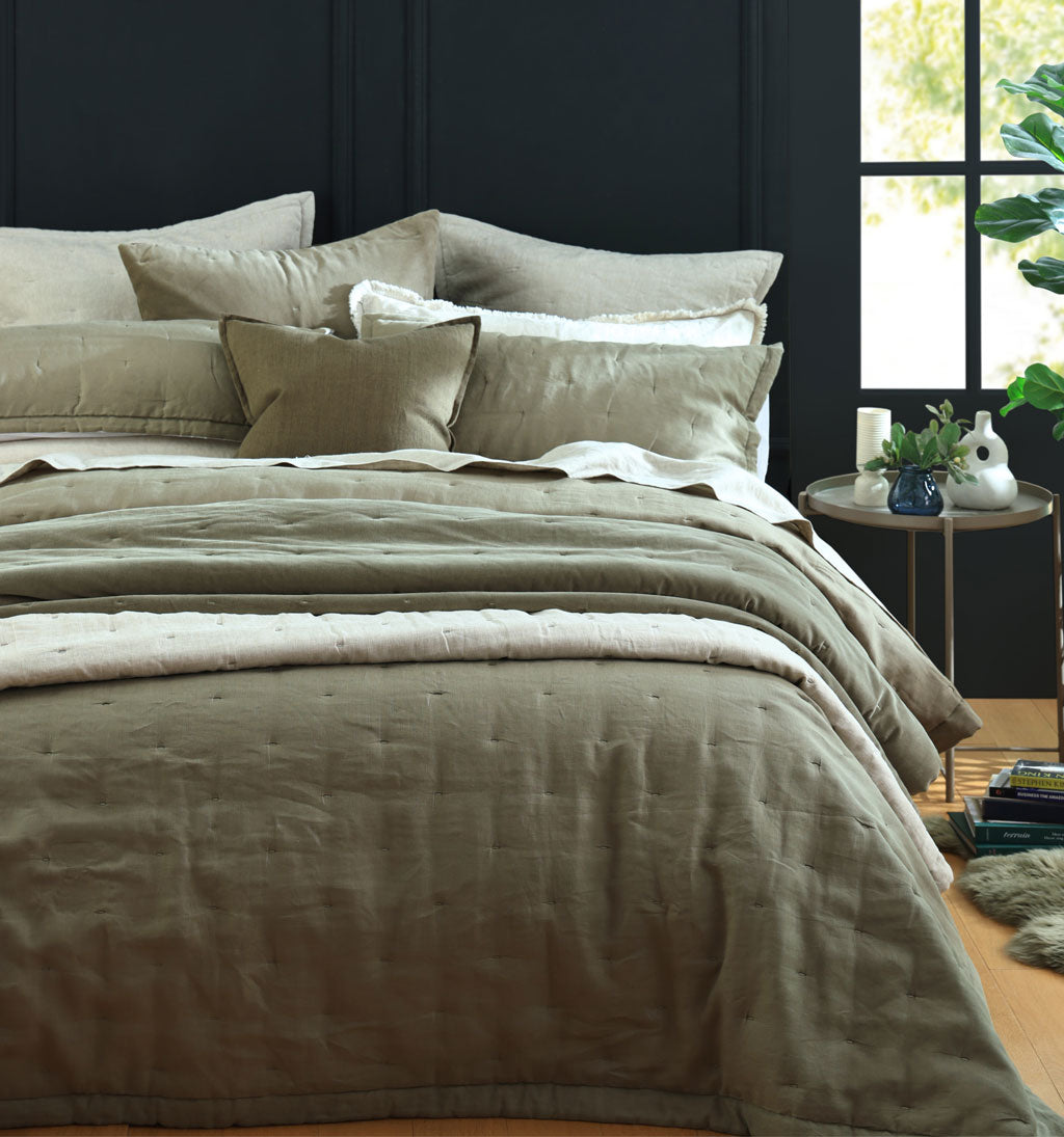 Laundered Linen Bedspread Set Olive