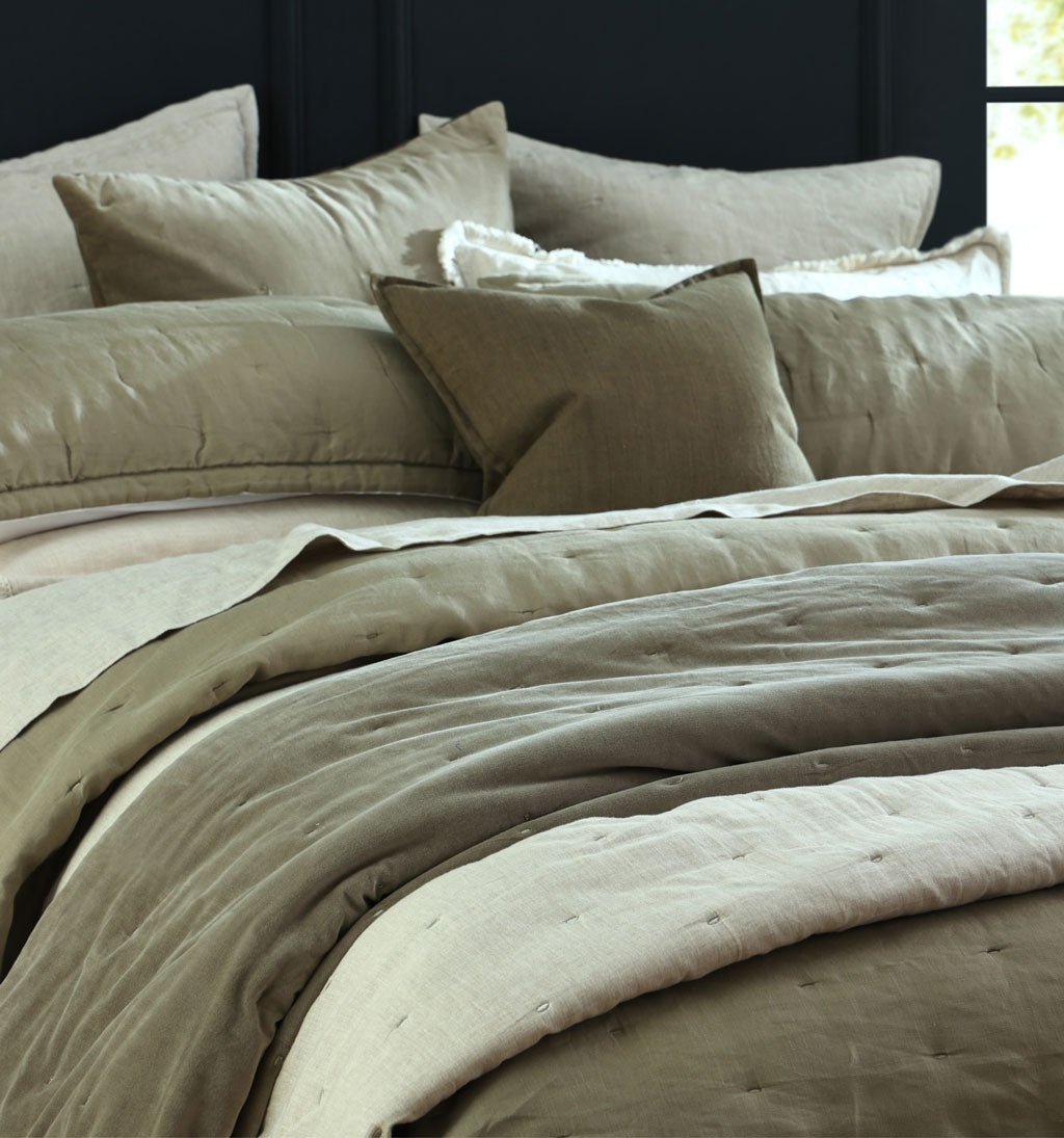 Laundered Linen Bedspread Set Olive