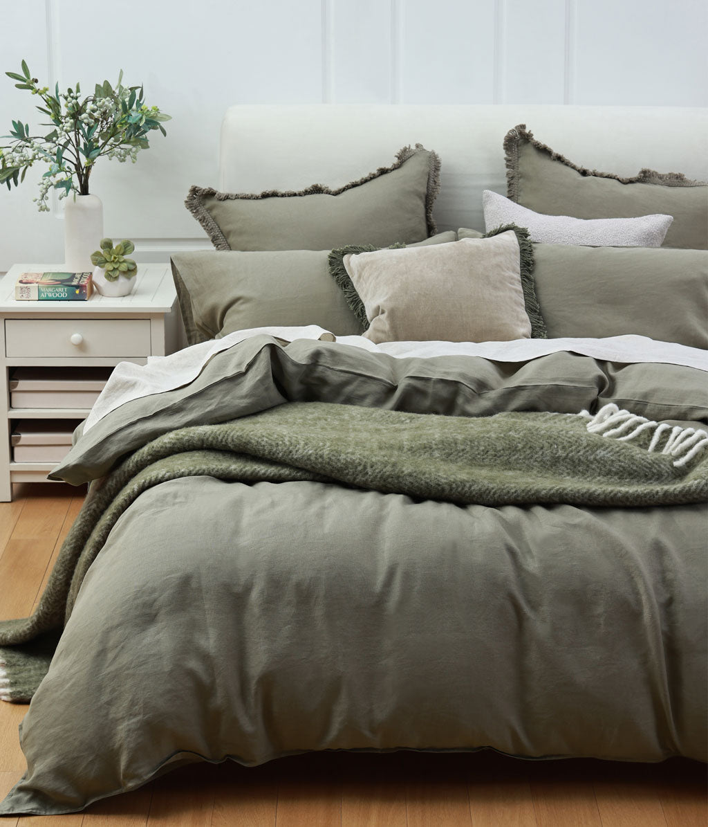 Laundered Linen Duvet Set Olive