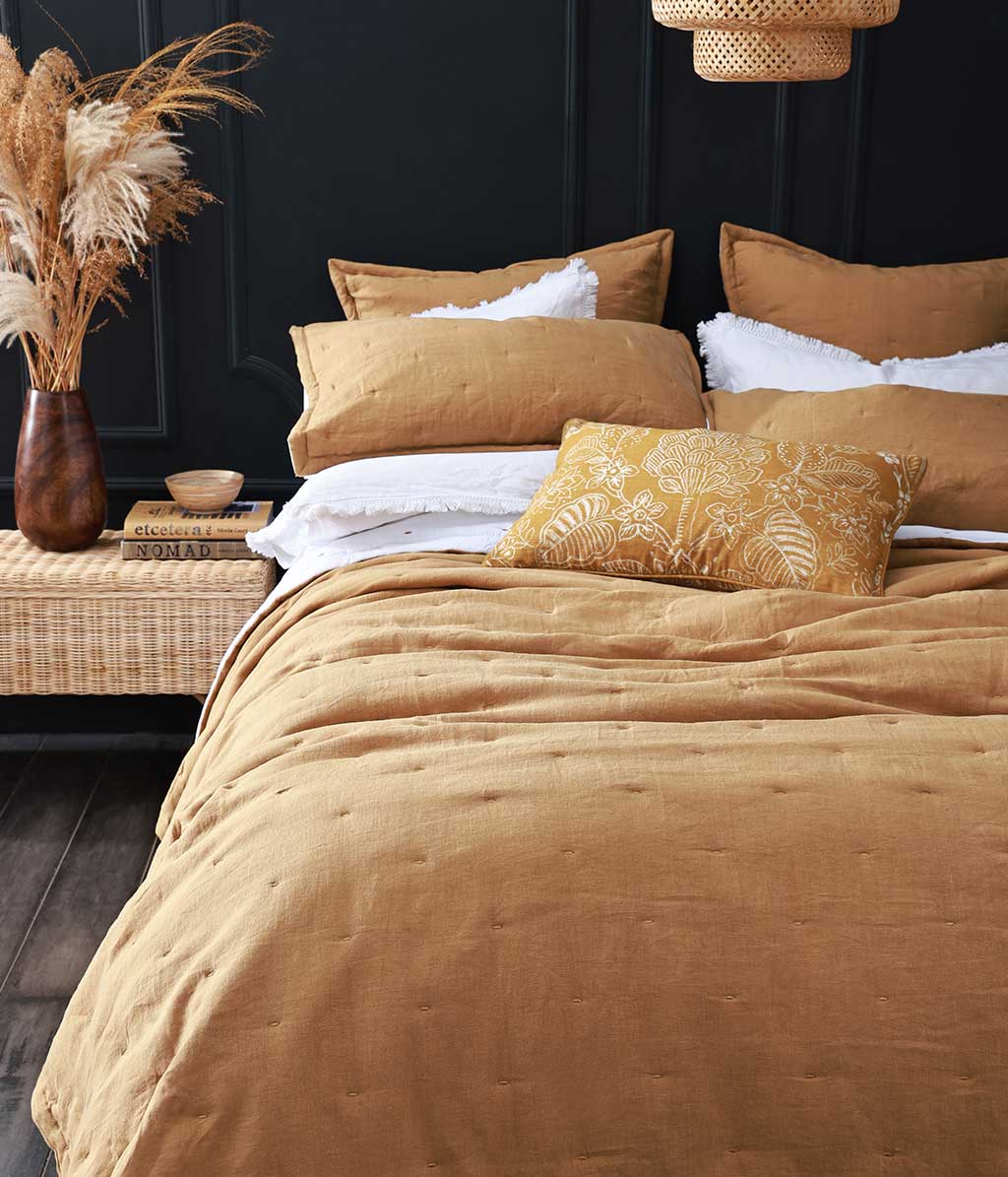 Laundered Linen Bedspread Set Cumin