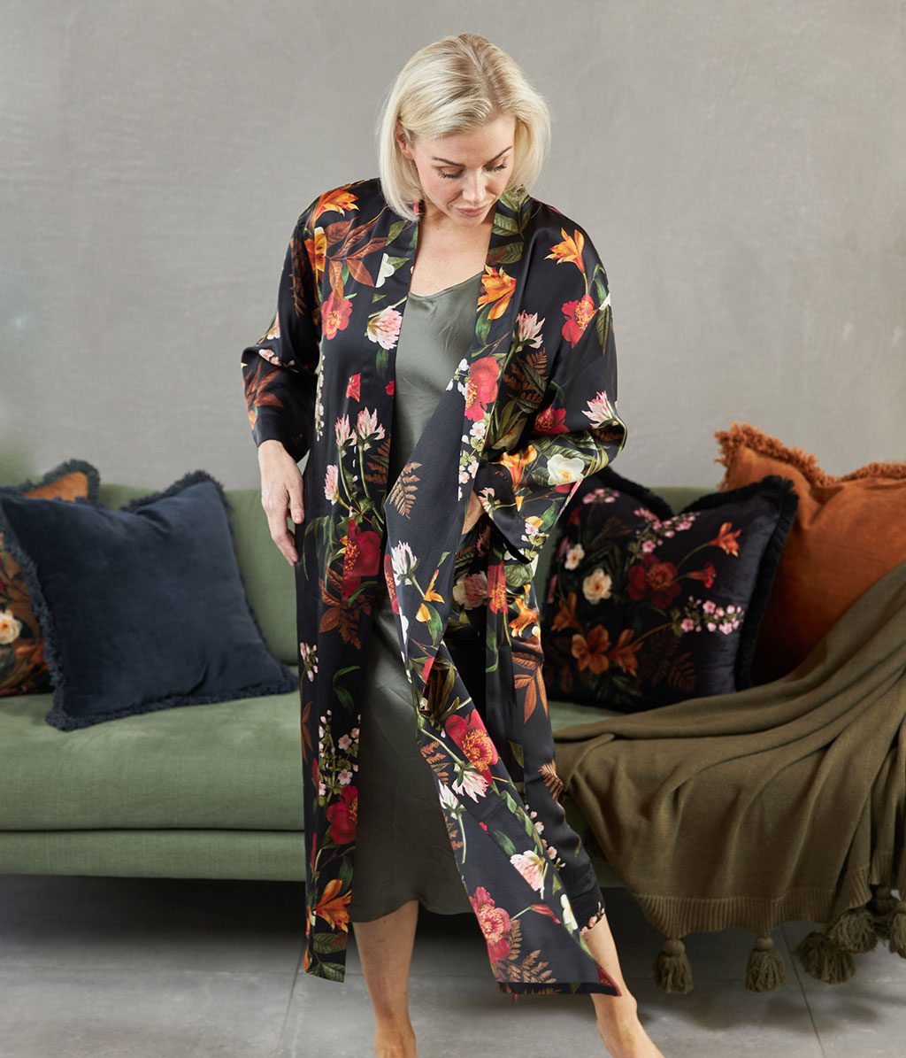 Black floral silk clearance robe